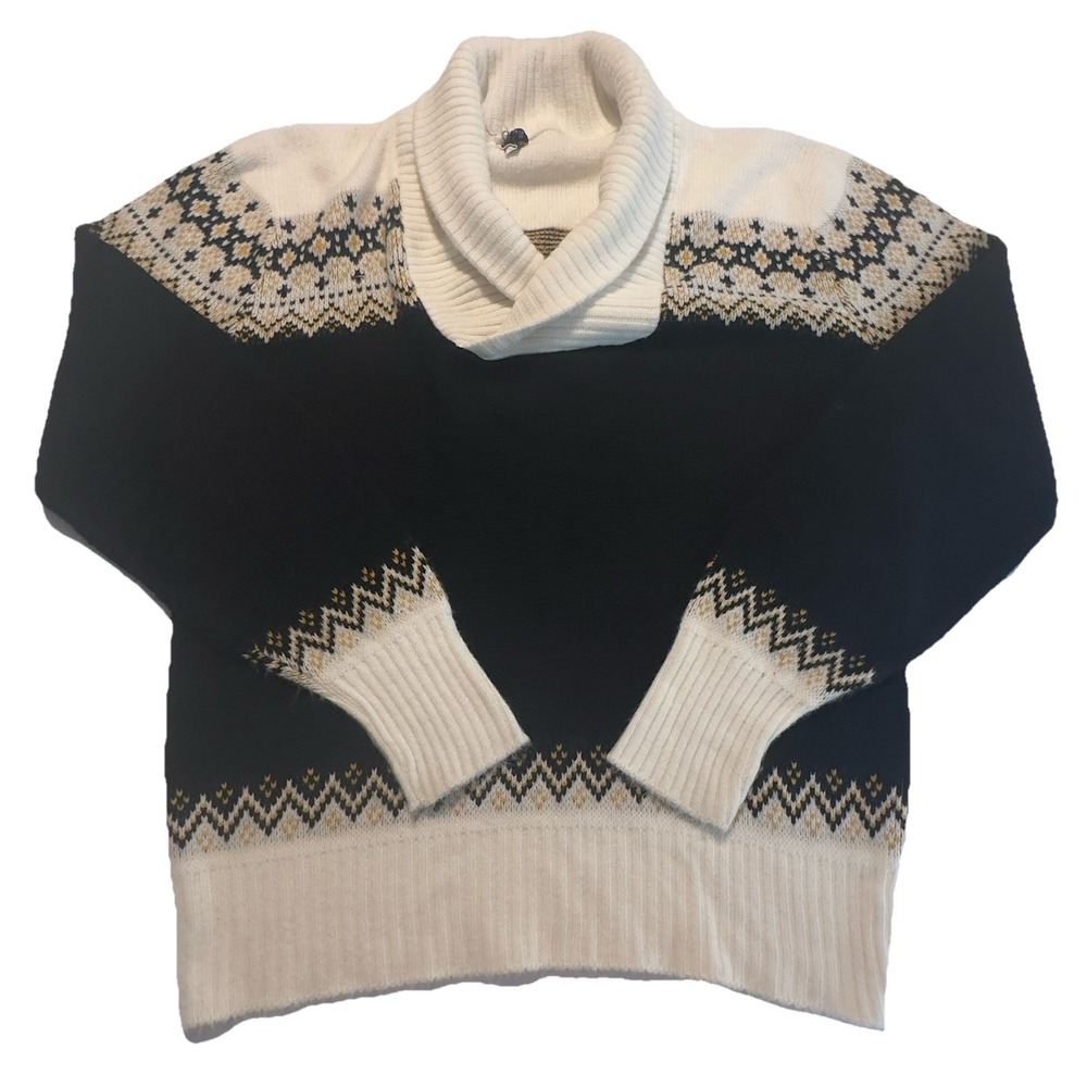 Vtg Orlon CAMPUS Luxury Line Black Yellow Shawl Collar Sweater Fair Isles Small